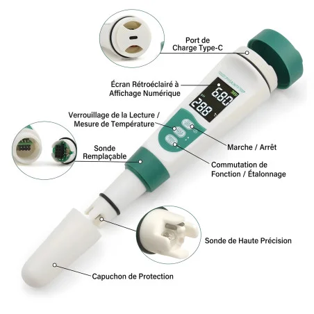 Testeur d'Eau Numérique 5-en-1 Rechargeable – pH, TDS, EC, Salinité & Température | Analyse Professionnelle de la Qualité de l'Eau au Maroc – Image 2