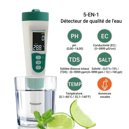 Testeur d'Eau Numérique 5-en-1 Rechargeable – pH, TDS, EC, Salinité & Température | Analyse Professionnelle de la Qualité de l'Eau au Maroc – Image 3